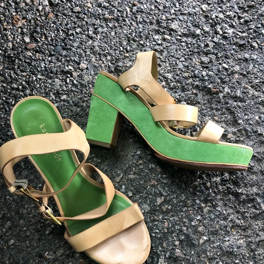 kate spade Green and Tan Suede Leather Block Heel Sandals